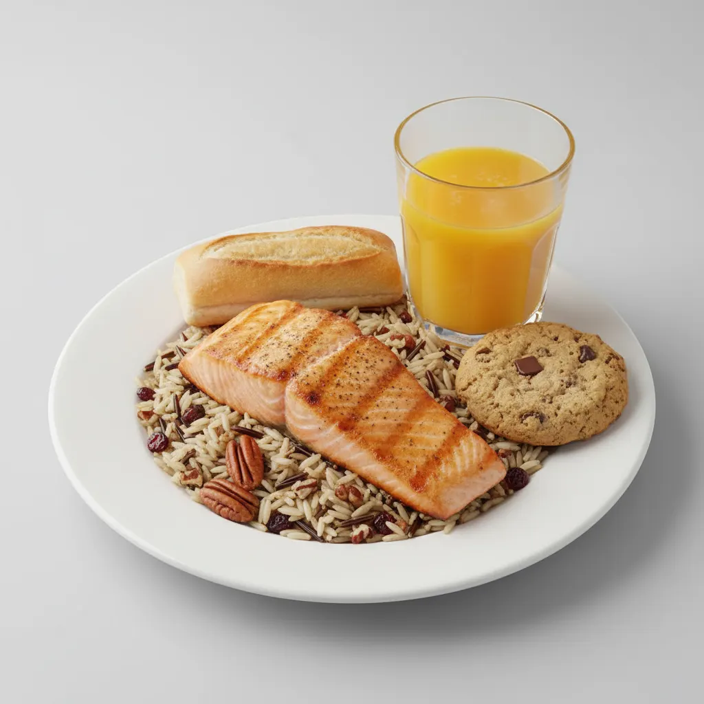 Grilled Salmon, Wild Rice with Pecans, Cookie, Orange Juice Grilled Salmon, Wild Rice with Pecans, Cookie, Orange Juice