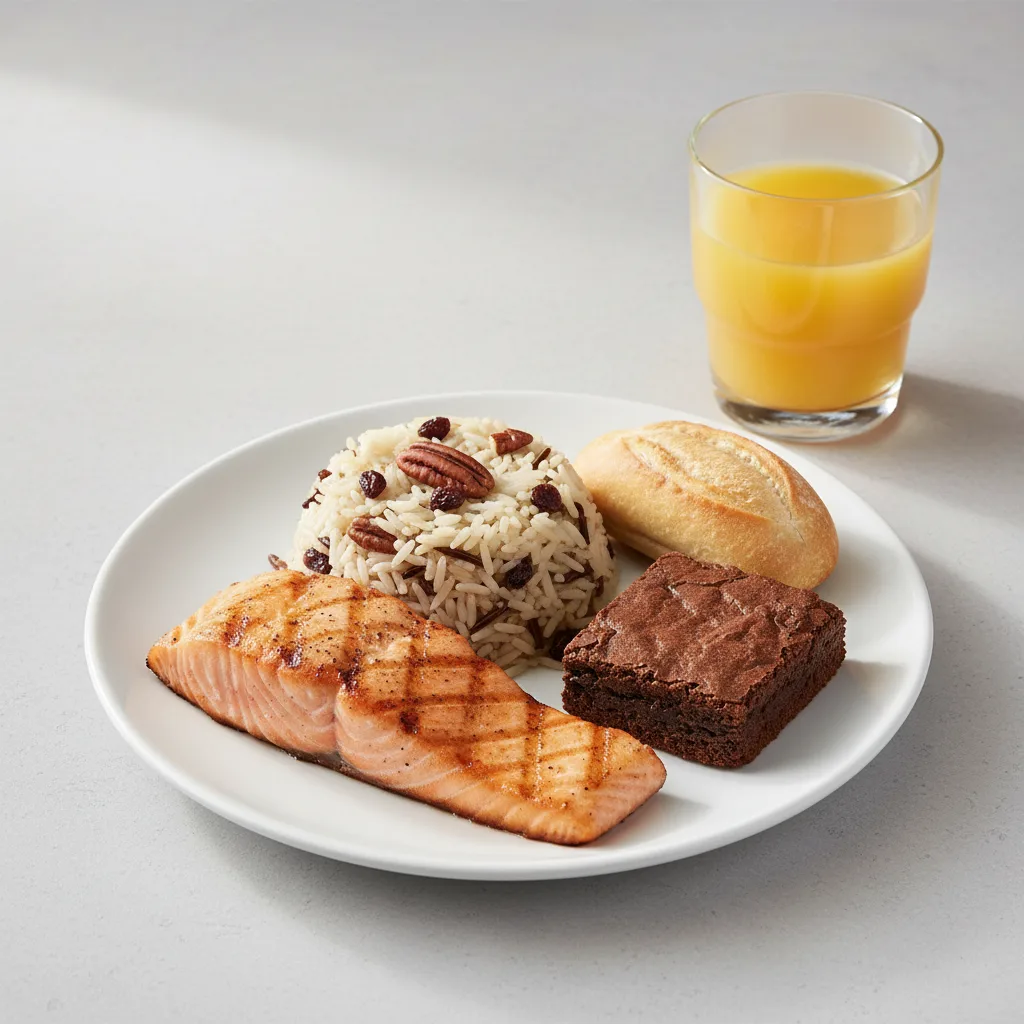 Grilled Salmon, Wild Rice with Pecans, Brownie, Orange Juice Grilled Salmon, Wild Rice with Pecans, Brownie, Orange Juice