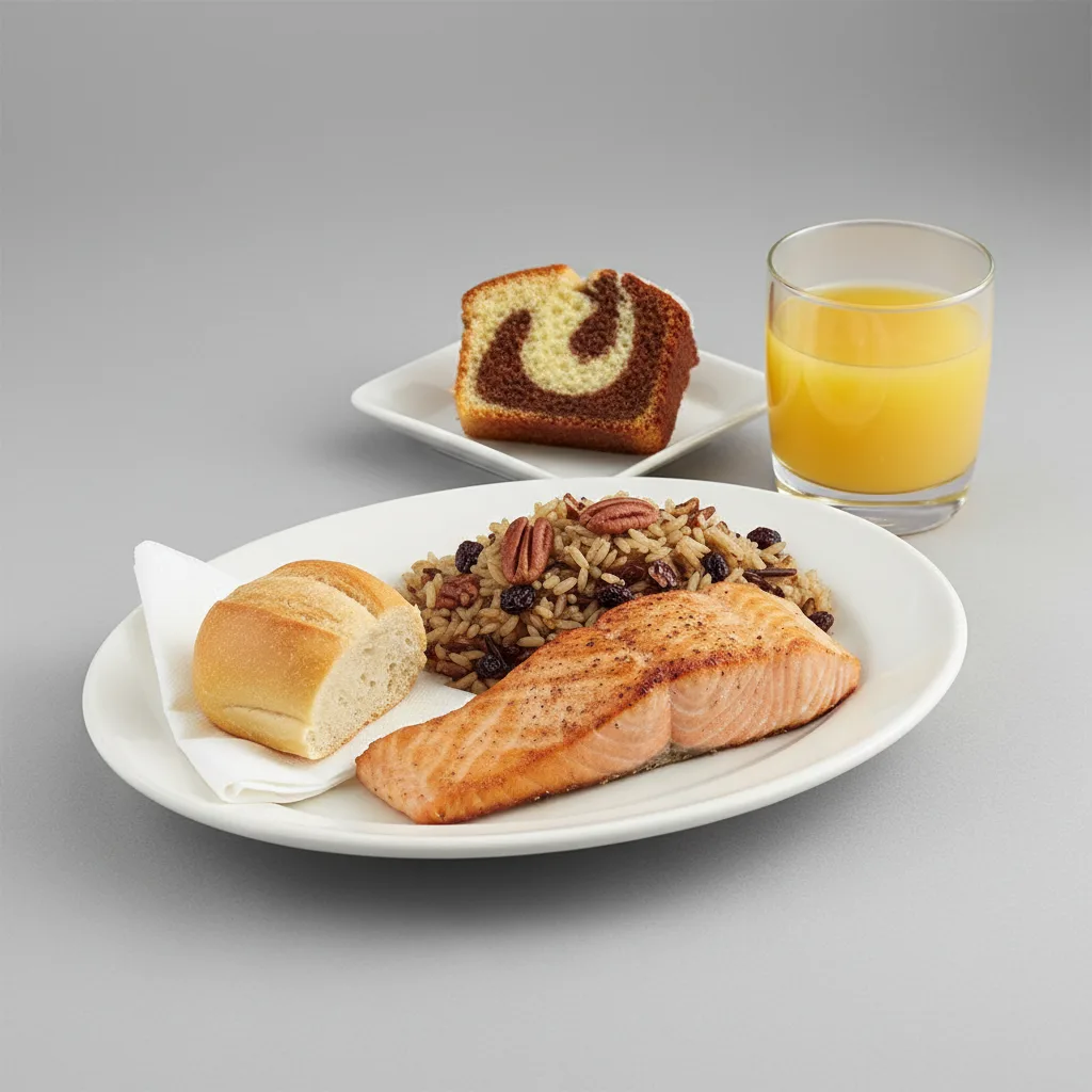Grilled Salmon, Wild Rice with Pecans, Poundcake, Orange Juice Grilled Salmon, Wild Rice with Pecans, Poundcake, Orange Juice