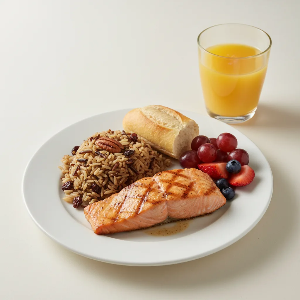 Grilled Salmon, Wild Rice with Pecans, Fruit, Orange Juice Grilled Salmon, Wild Rice with Pecans, Fruit, Orange Juice