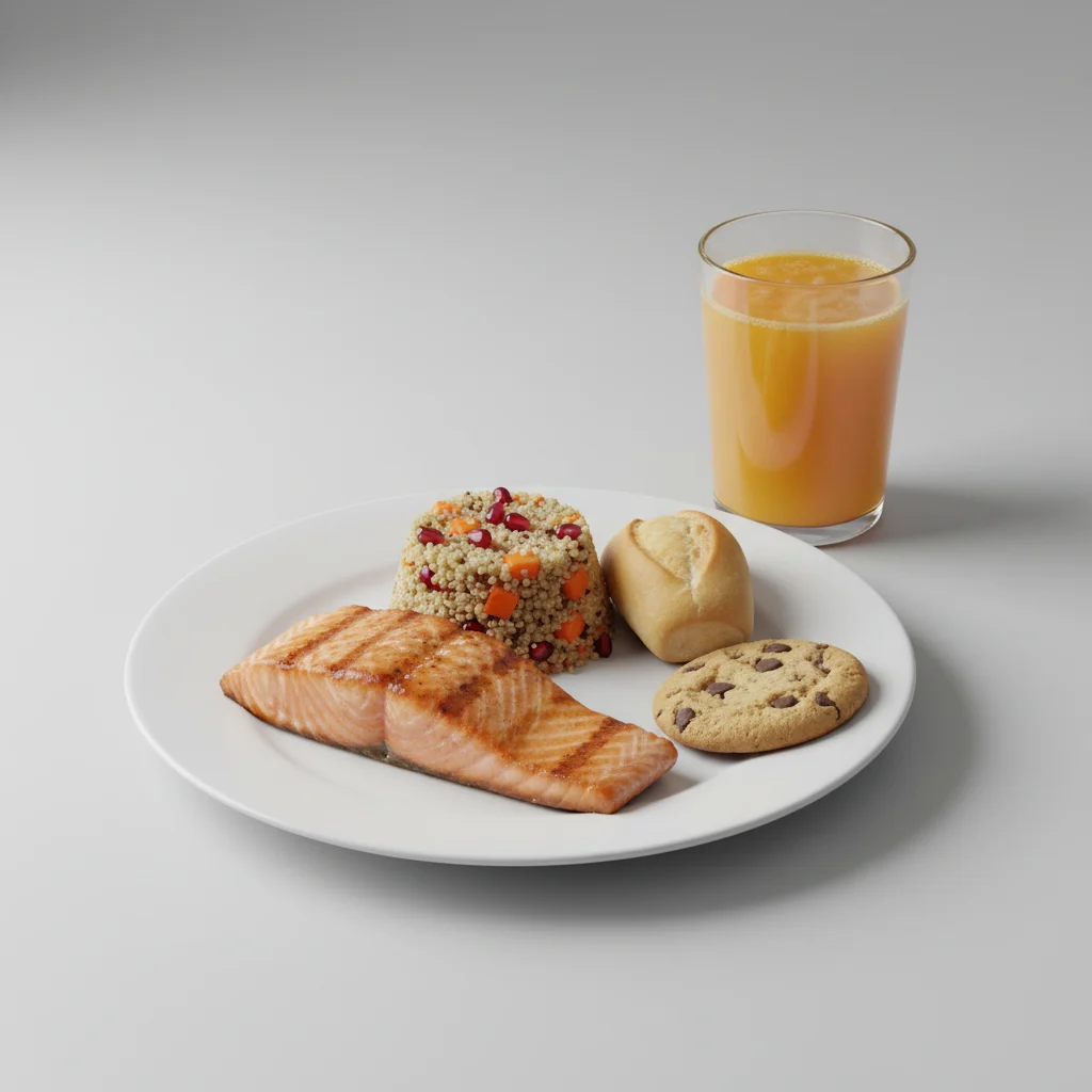 Grilled Salmon, Quinoa, Cookie, Orange Juice Grilled Salmon, Quinoa, Cookie, Orange Juice