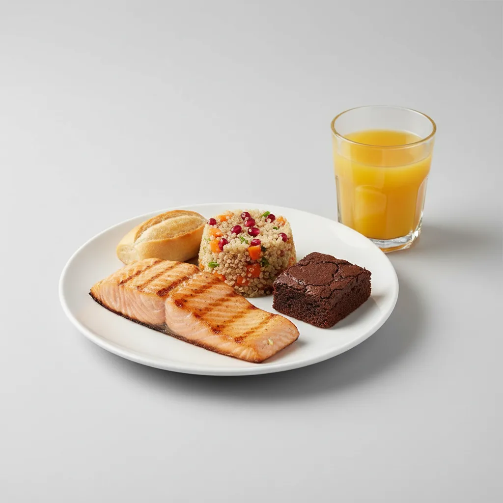 Grilled Salmon, Quinoa, Brownie, Orange Juice Grilled Salmon, Quinoa, Brownie, Orange Juice
