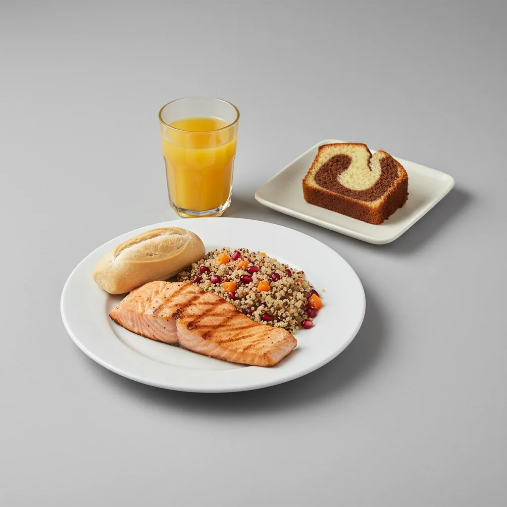 Grilled Salmon, Quinoa, Poundcake, Orange Juice Grilled Salmon, Quinoa, Poundcake, Orange Juice