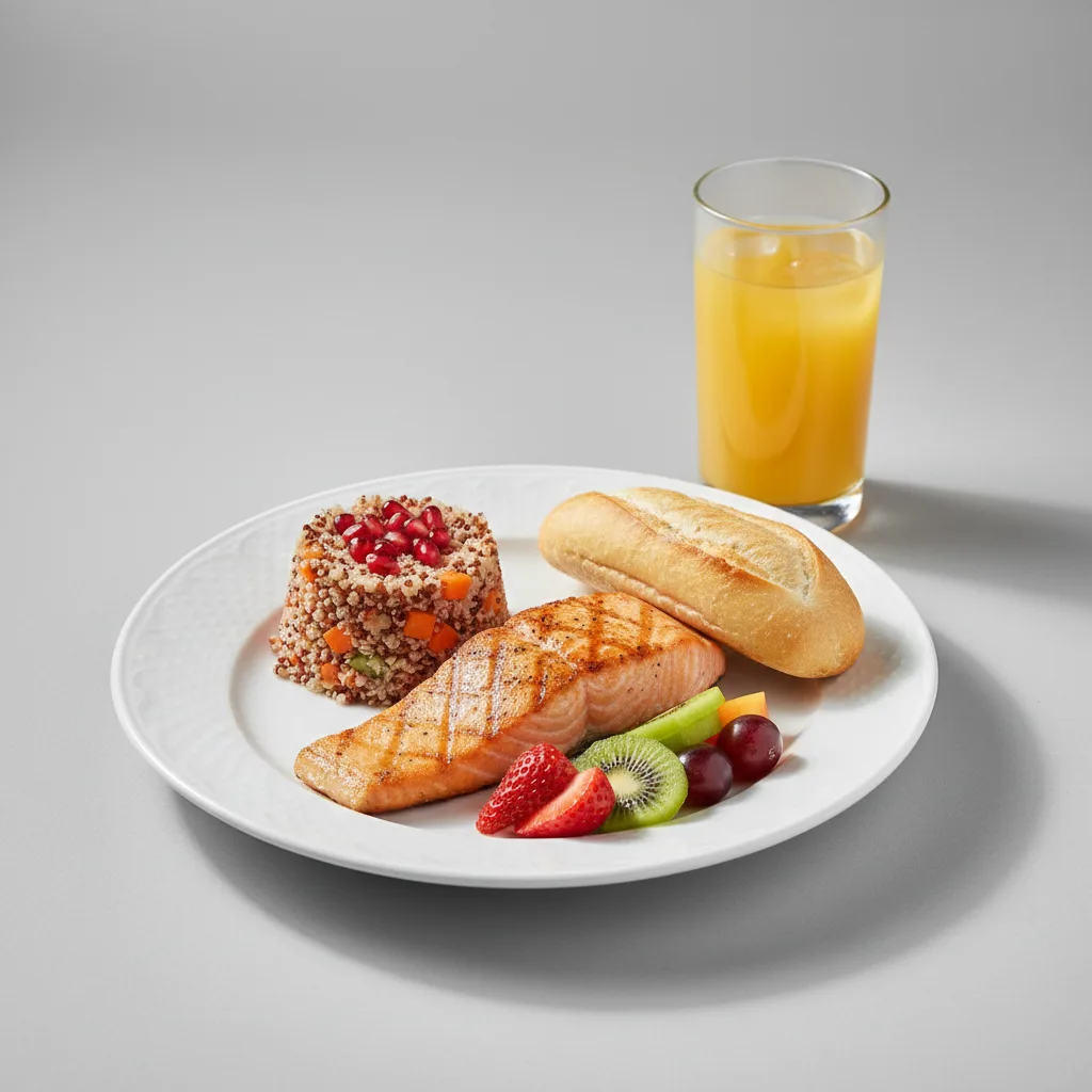 Grilled Salmon, Quinoa, Fruit, Orange Juice Grilled Salmon, Quinoa, Fruit, Orange Juice