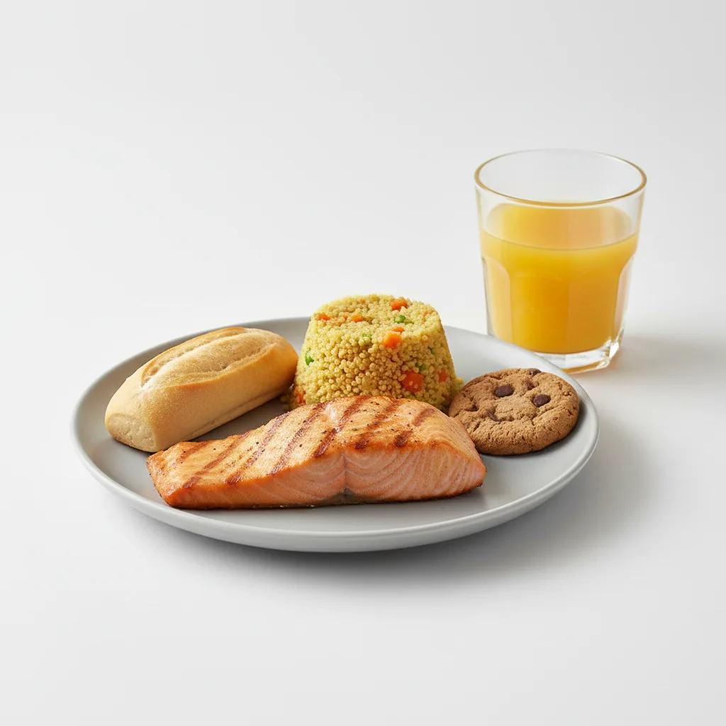 Grilled Salmon, Curried Vegetable Couscous, Cookie, Orange Juice Grilled Salmon, Curried Vegetable Couscous, Cookie, Orange Juice