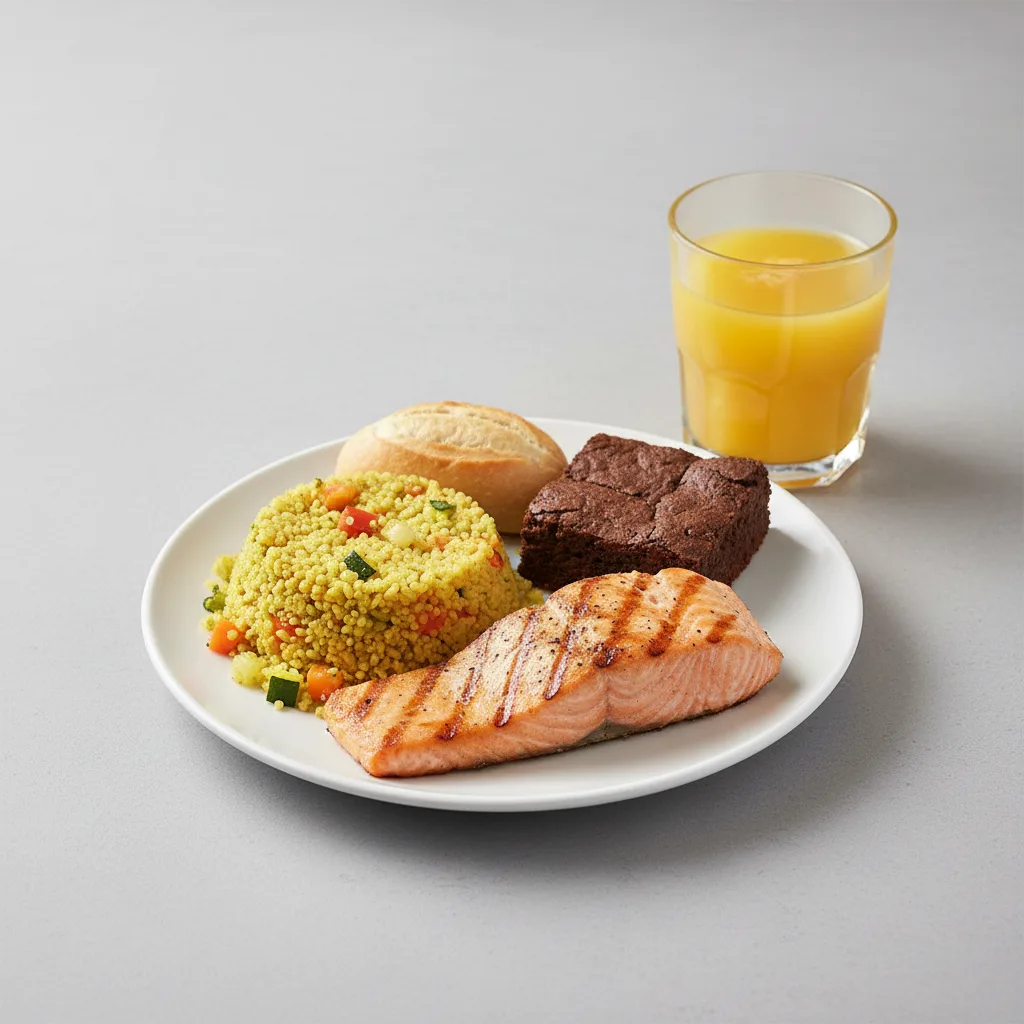 Grilled Salmon, Curried Vegetable Couscous, Brownie, Orange Juice Grilled Salmon, Curried Vegetable Couscous, Brownie, Orange Juice
