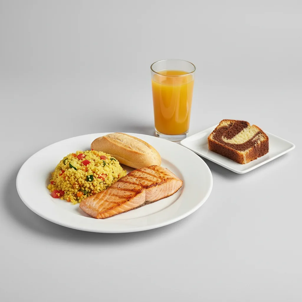 Grilled Salmon, Curried Vegetable Couscous, Poundcake, Orange Juice Grilled Salmon, Curried Vegetable Couscous, Poundcake, Orange Juice