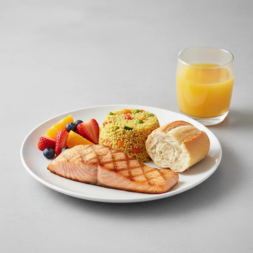 Grilled Salmon, Curried Vegetable Couscous, Fruit, Orange Juice Grilled Salmon, Curried Vegetable Couscous, Fruit, Orange Juice