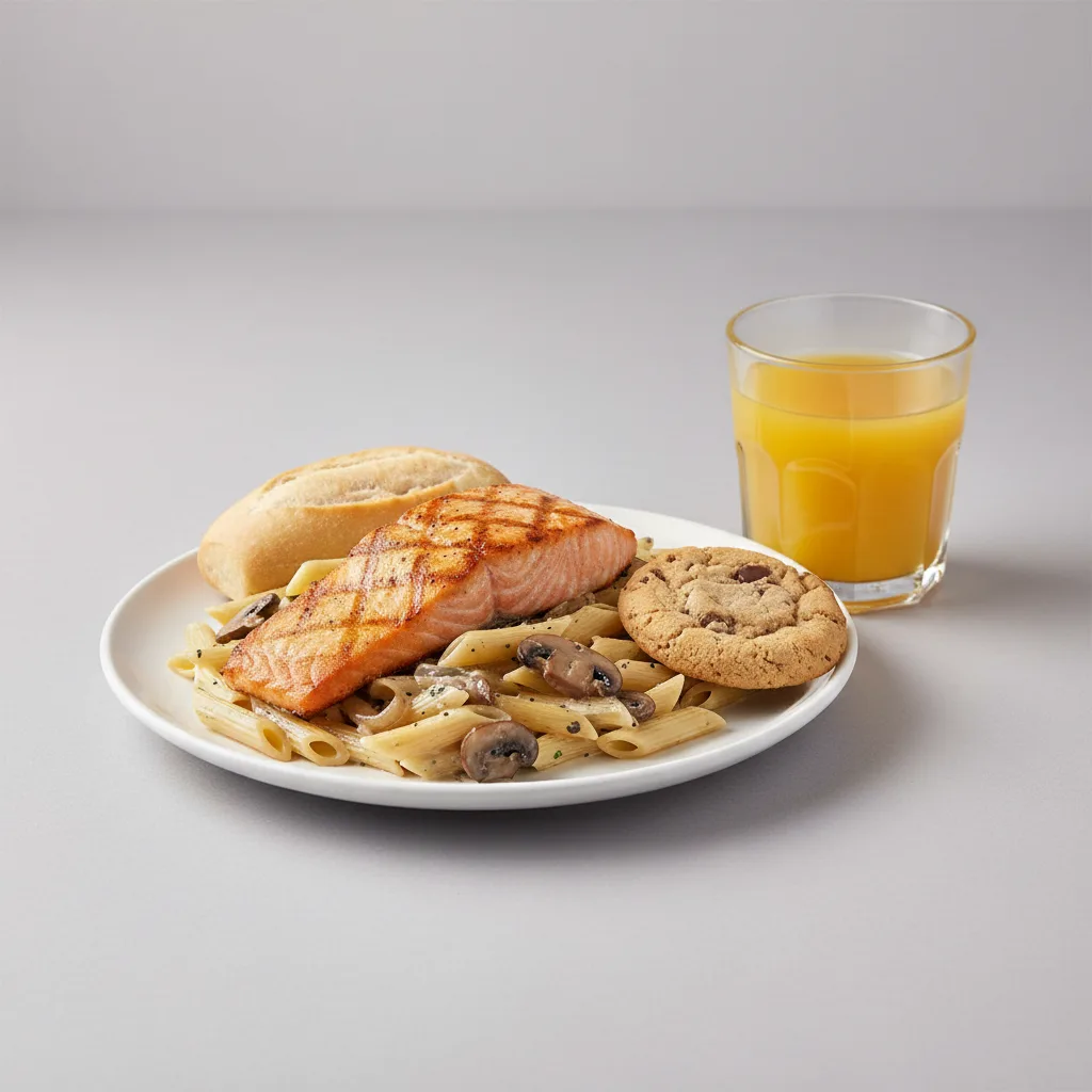 Grilled Salmon, Penne with Mushroom, Cookie, Orange Juice Grilled Salmon, Penne with Mushroom, Cookie, Orange Juice