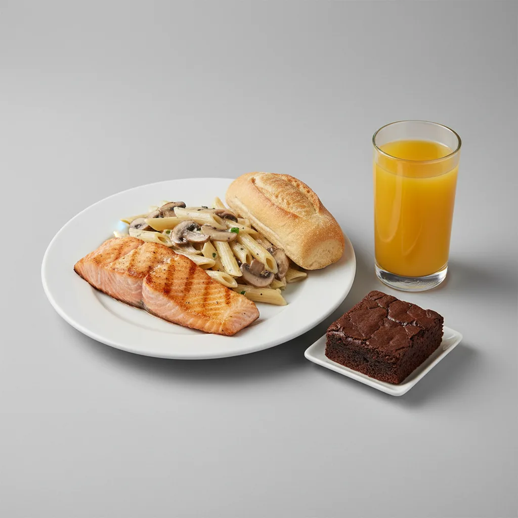 Grilled Salmon, Penne with Mushroom, Brownie, Orange Juice Grilled Salmon, Penne with Mushroom, Brownie, Orange Juice
