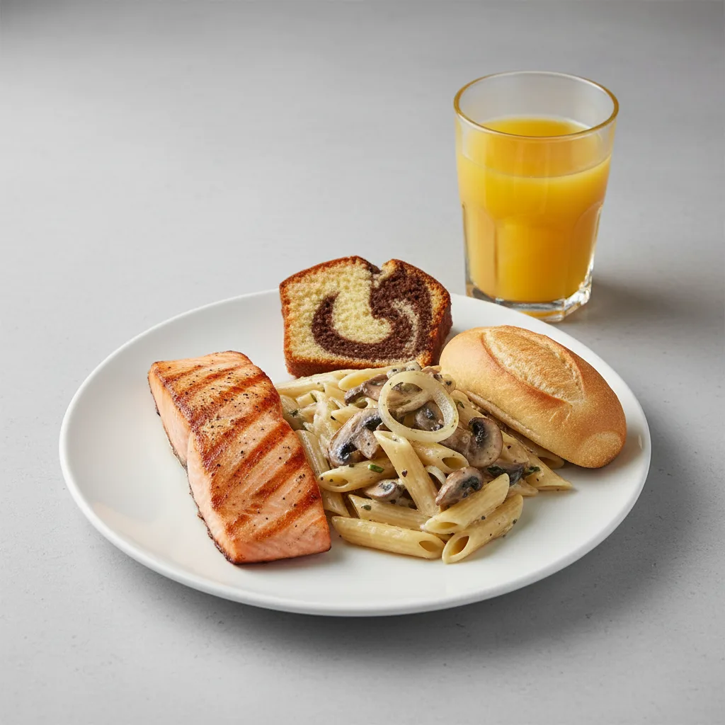Grilled Salmon, Penne with Mushroom, Poundcake, Orange Juice Grilled Salmon, Penne with Mushroom, Poundcake, Orange Juice