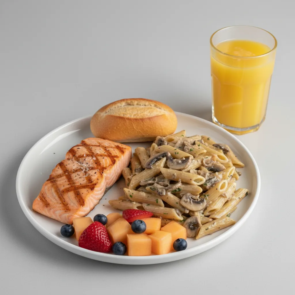 Grilled Salmon, Penne with Mushroom, Fruit, Orange Juice Grilled Salmon, Penne with Mushroom, Fruit, Orange Juice