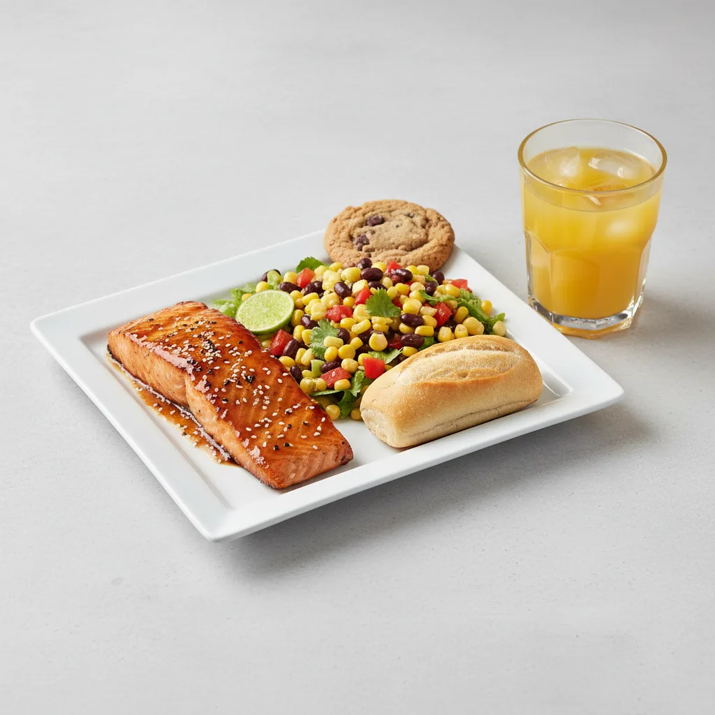 Asian Salmon, Corn and Black Bean Salad, Cookie, Orange Juice Asian Salmon, Corn and Black Bean Salad, Cookie, Orange Juice