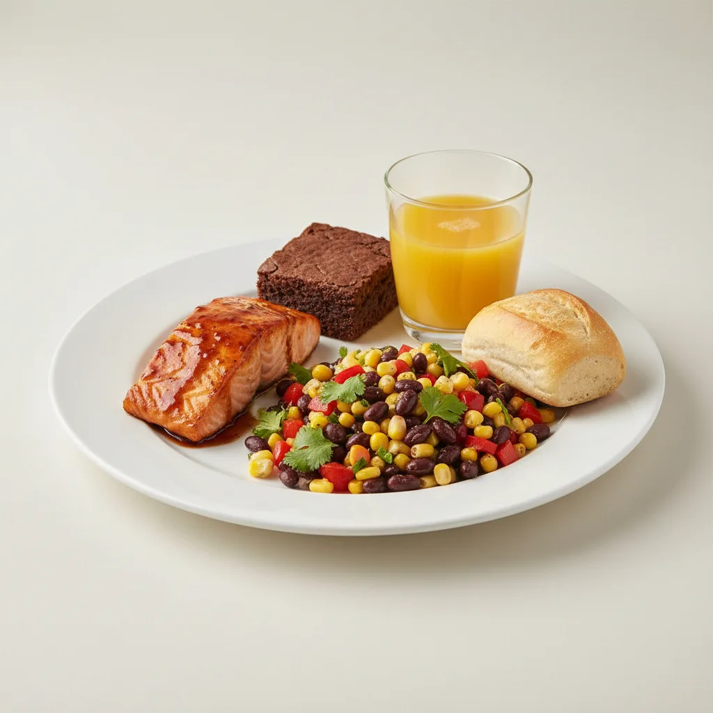 Asian Salmon, Corn and Black Bean Salad, Brownie, Orange Juice Asian Salmon, Corn and Black Bean Salad, Brownie, Orange Juice
