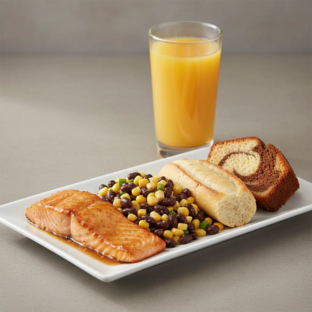 Asian Salmon, Corn and Black Bean Salad, Poundcake, Orange Juice Asian Salmon, Corn and Black Bean Salad, Poundcake, Orange Juice
