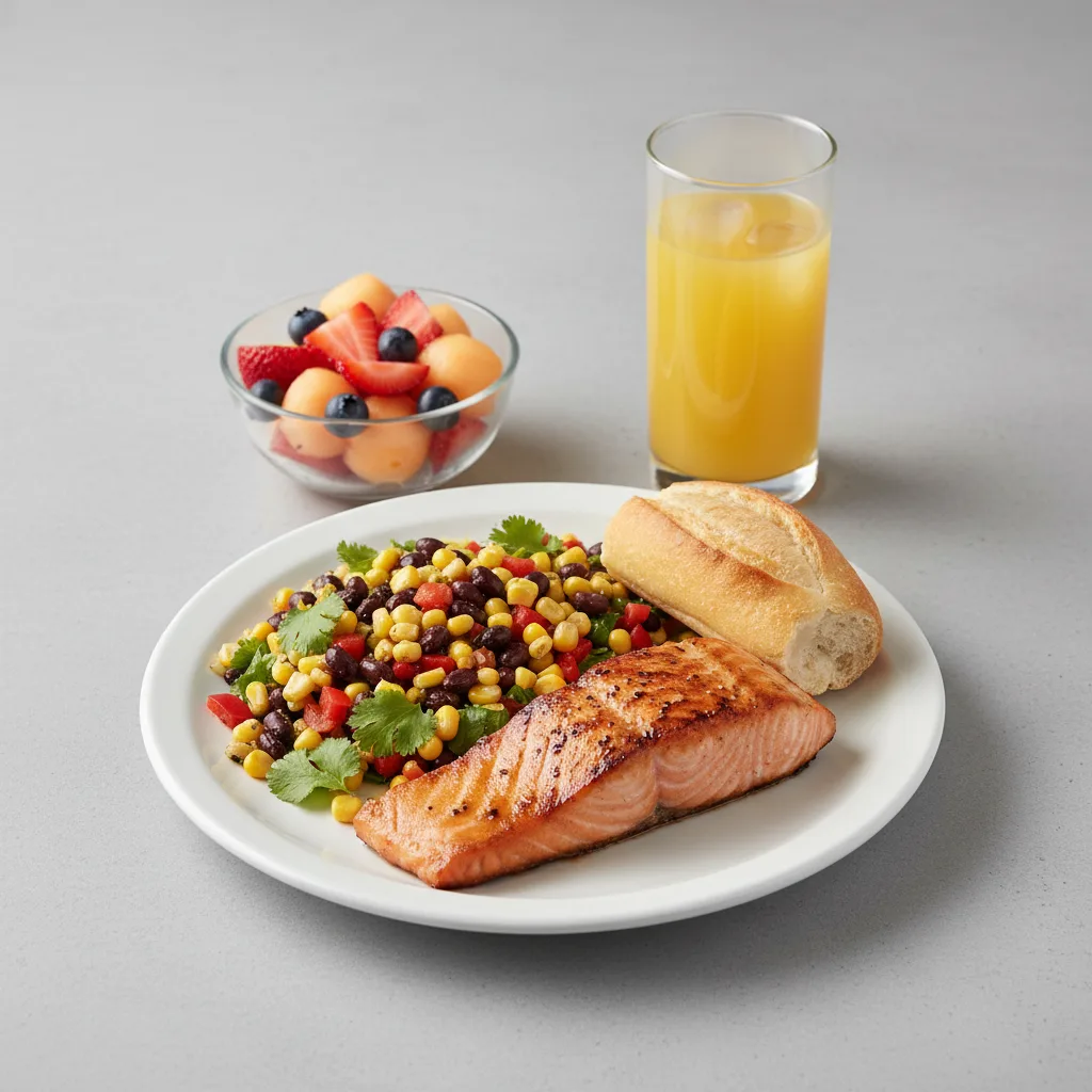 Asian Salmon, Corn and Black Bean Salad, Fruit, Orange Juice Asian Salmon, Corn and Black Bean Salad, Fruit, Orange Juice