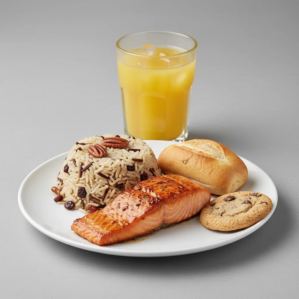 Asian Salmon, Wild Rice with Pecans, Cookie, Orange Juice Asian Salmon, Wild Rice with Pecans, Cookie, Orange Juice