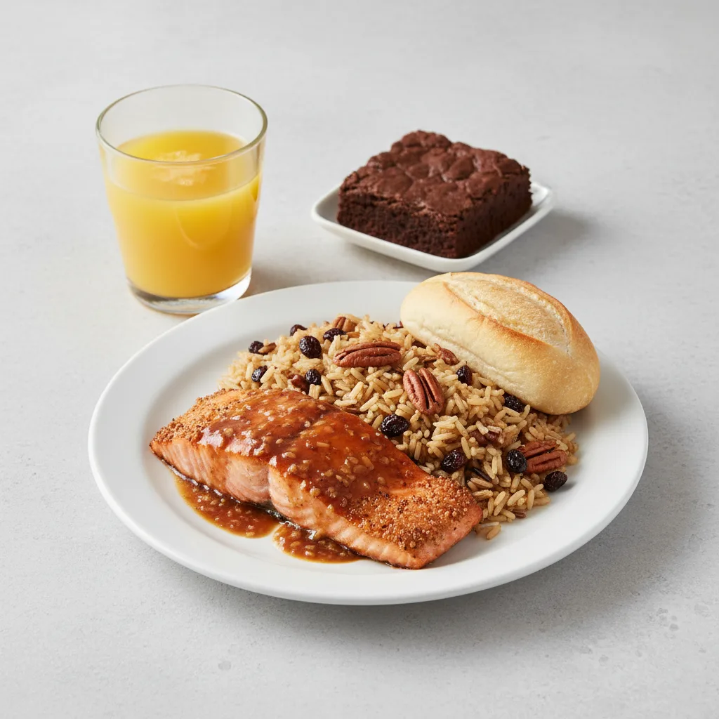 Asian Salmon, Wild Rice with Pecans, Brownie, Orange Juice Asian Salmon, Wild Rice with Pecans, Brownie, Orange Juice