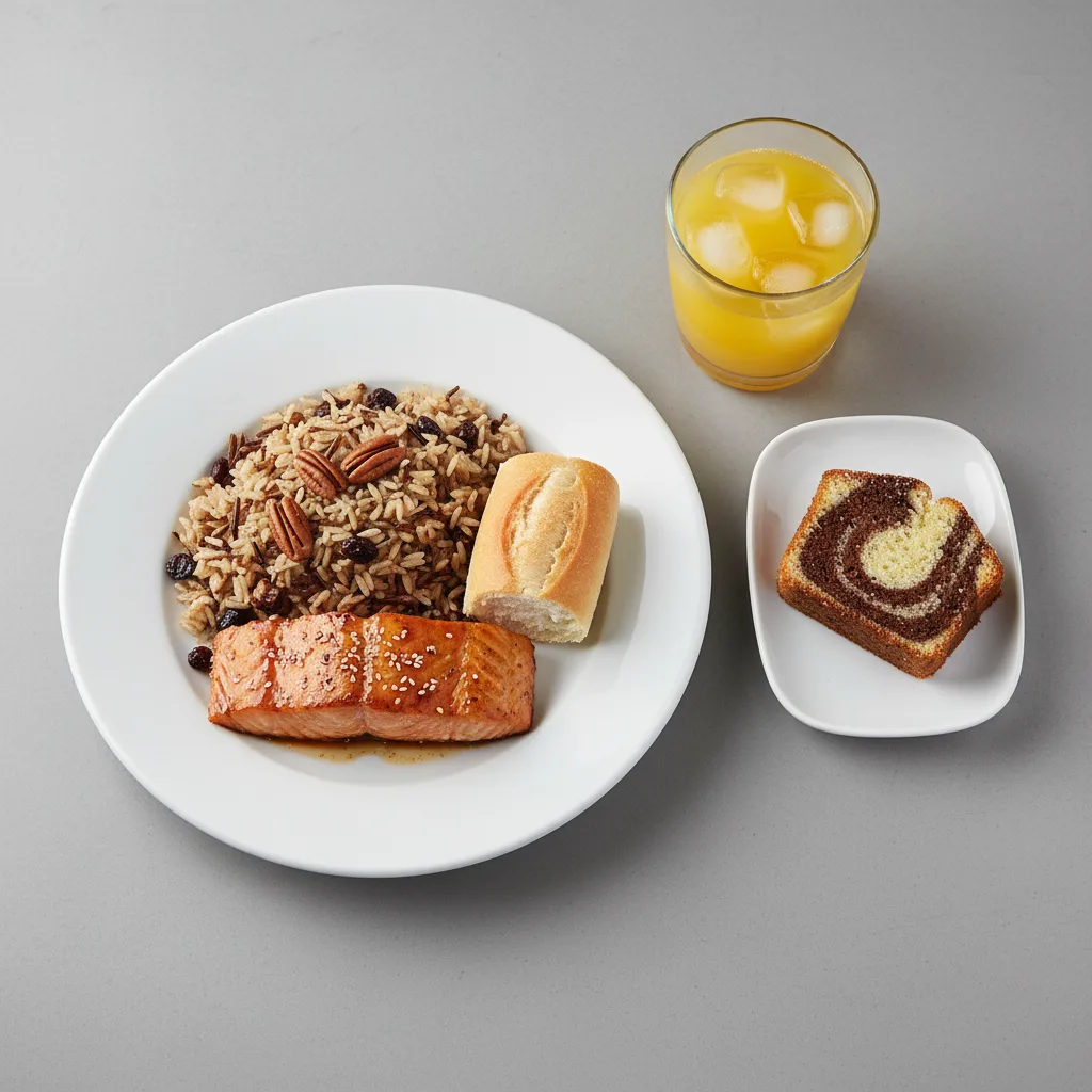 Asian Salmon, Wild Rice with Pecans, Poundcake, Orange Juice Asian Salmon, Wild Rice with Pecans, Poundcake, Orange Juice
