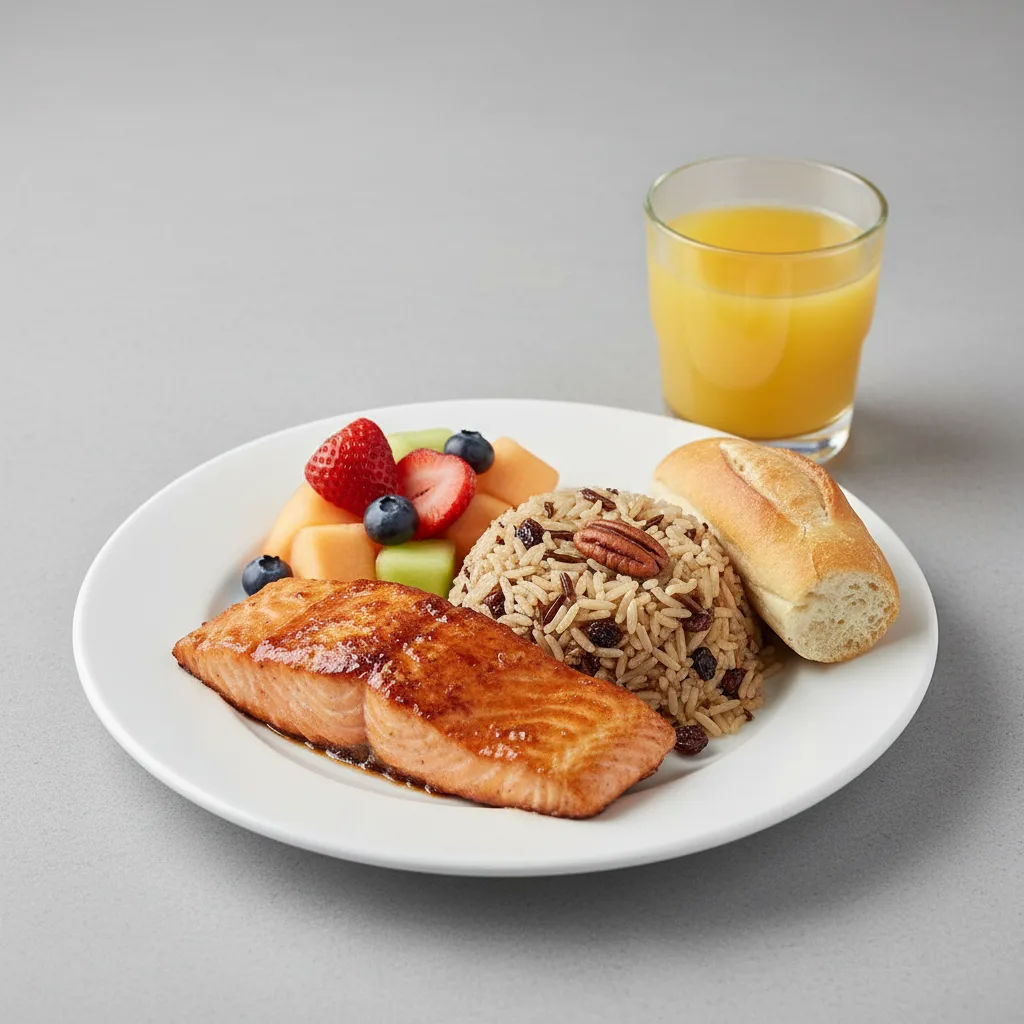 Asian Salmon, Wild Rice with Pecans, Fruit, Orange Juice Asian Salmon, Wild Rice with Pecans, Fruit, Orange Juice