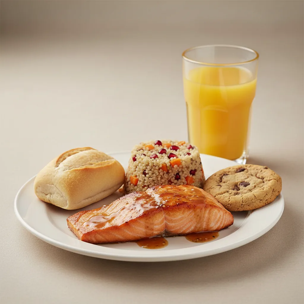 Asian Salmon, Quinoa, Cookie, Orange Juice Asian Salmon, Quinoa, Cookie, Orange Juice