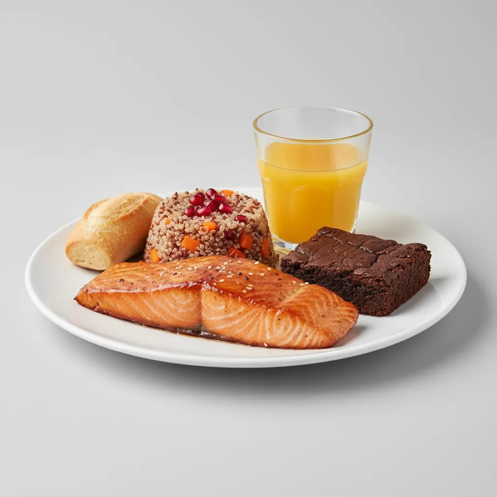 Asian Salmon, Quinoa, Brownie, Orange Juice Asian Salmon, Quinoa, Brownie, Orange Juice