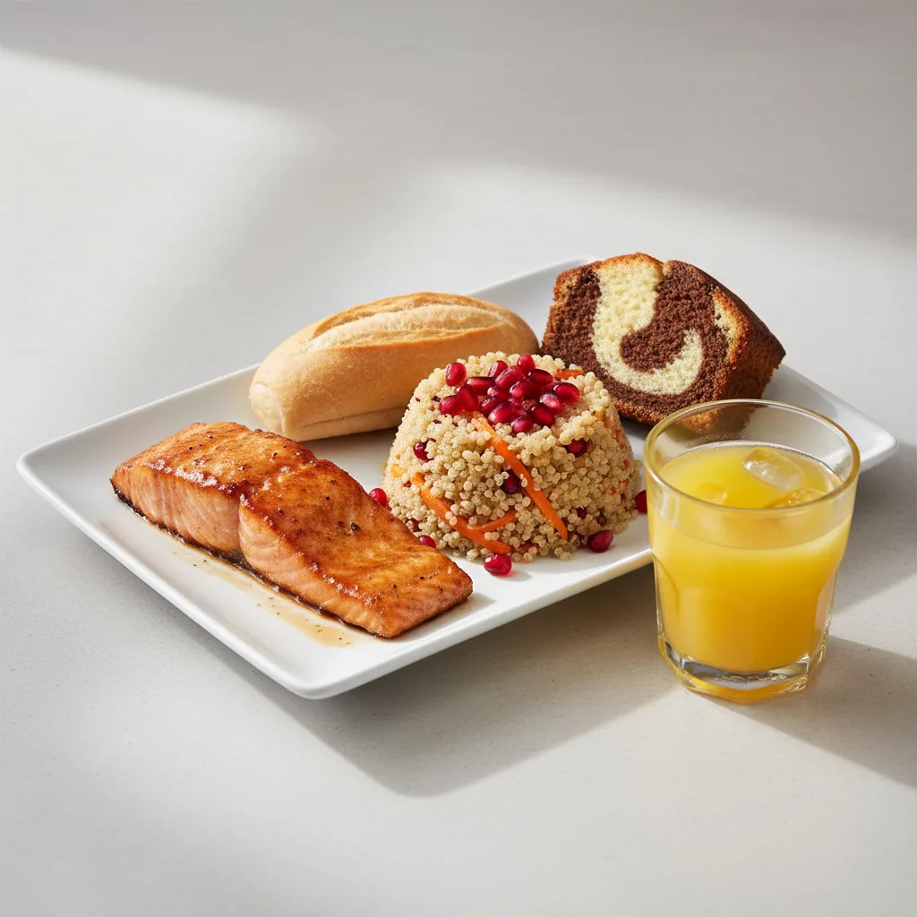 Asian Salmon, Quinoa, Poundcake, Orange Juice Asian Salmon, Quinoa, Poundcake, Orange Juice