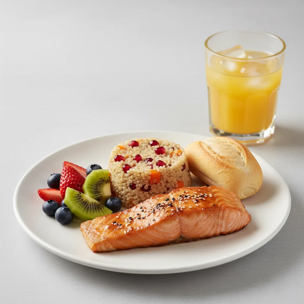 Asian Salmon, Quinoa, Fruit, Orange Juice Asian Salmon, Quinoa, Fruit, Orange Juice
