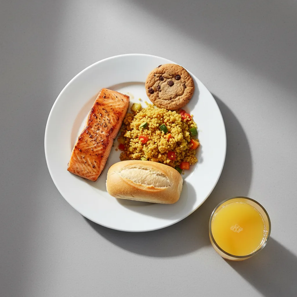 Asian Salmon, Curried Vegetable Couscous, Cookie, Orange Juice Asian Salmon, Curried Vegetable Couscous, Cookie, Orange Juice
