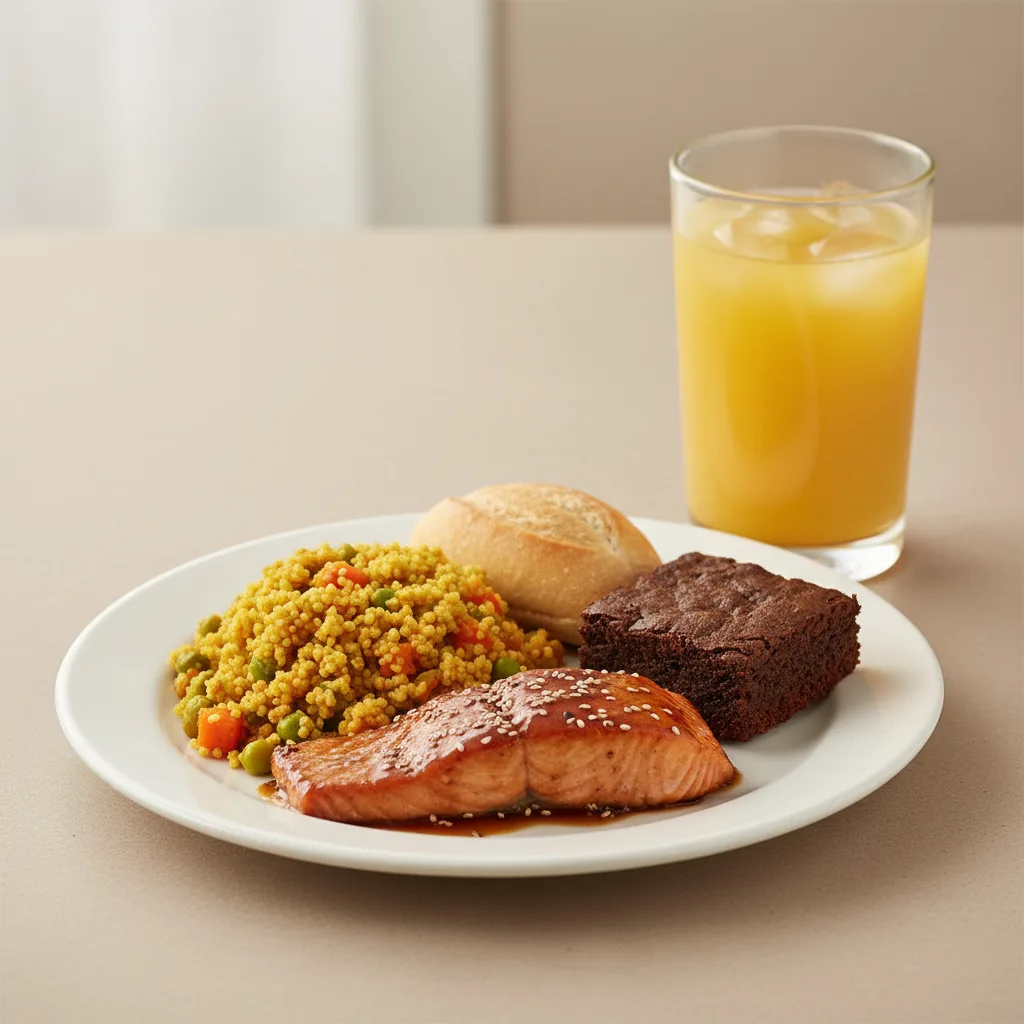 Asian Salmon, Curried Vegetable Couscous, Brownie, Orange Juice Asian Salmon, Curried Vegetable Couscous, Brownie, Orange Juice