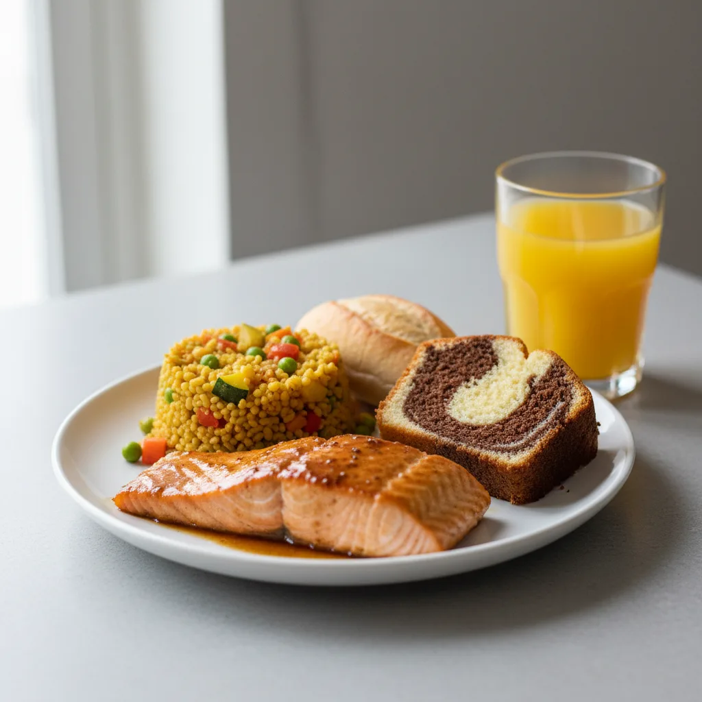 Asian Salmon, Curried Vegetable Couscous, Poundcake, Orange Juice Asian Salmon, Curried Vegetable Couscous, Poundcake, Orange Juice
