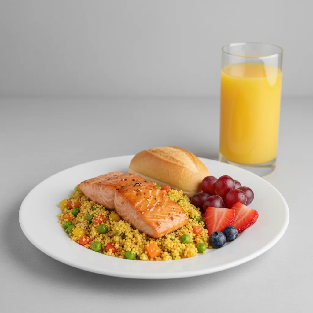 Asian Salmon, Curried Vegetable Couscous, Fruit, Orange Juice Asian Salmon, Curried Vegetable Couscous, Fruit, Orange Juice