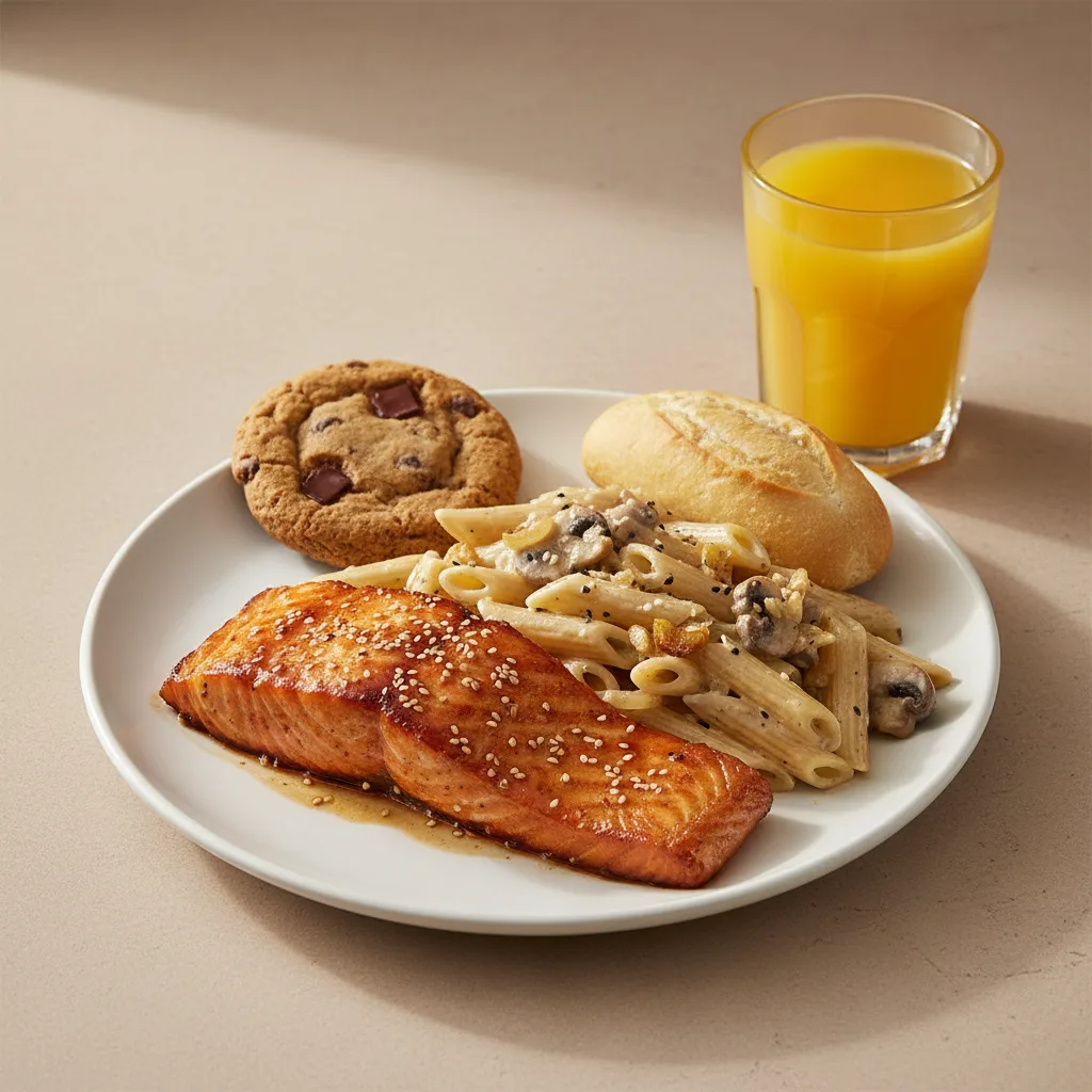 Asian Salmon, Penne with Mushroom, Cookie, Orange Juice Asian Salmon, Penne with Mushroom, Cookie, Orange Juice