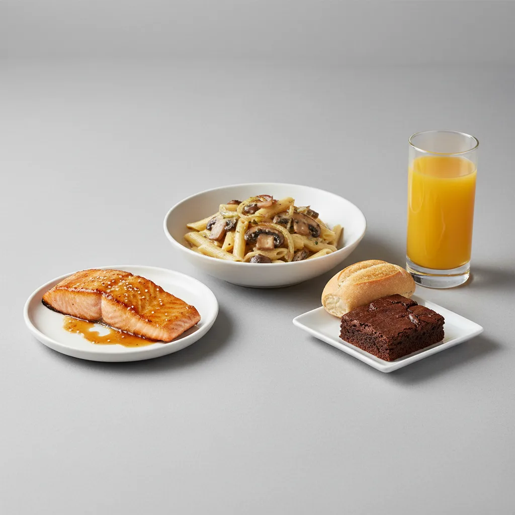 Asian Salmon, Penne with Mushroom, Brownie, Orange Juice Asian Salmon, Penne with Mushroom, Brownie, Orange Juice