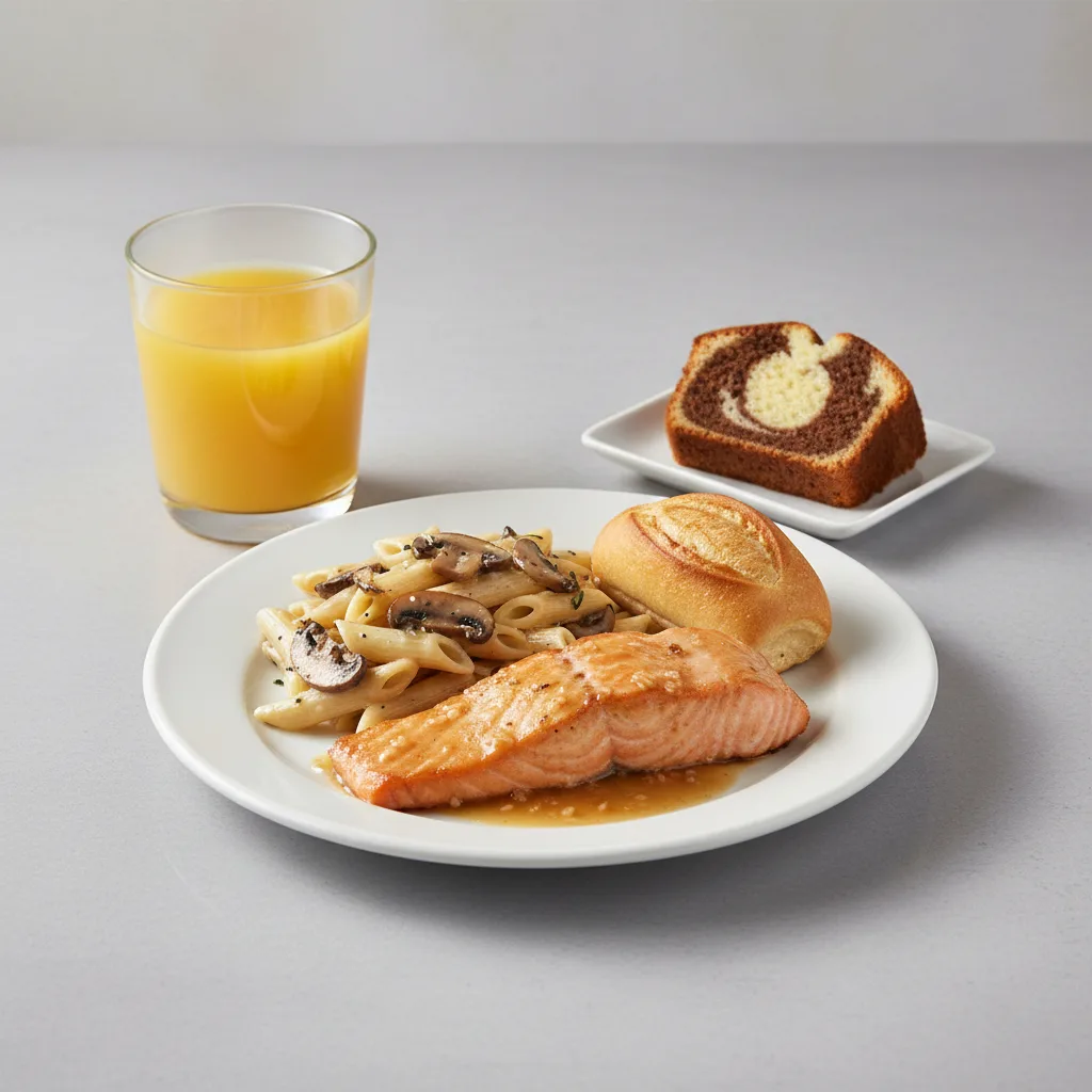 Asian Salmon, Penne with Mushroom, Poundcake, Orange Juice Asian Salmon, Penne with Mushroom, Poundcake, Orange Juice