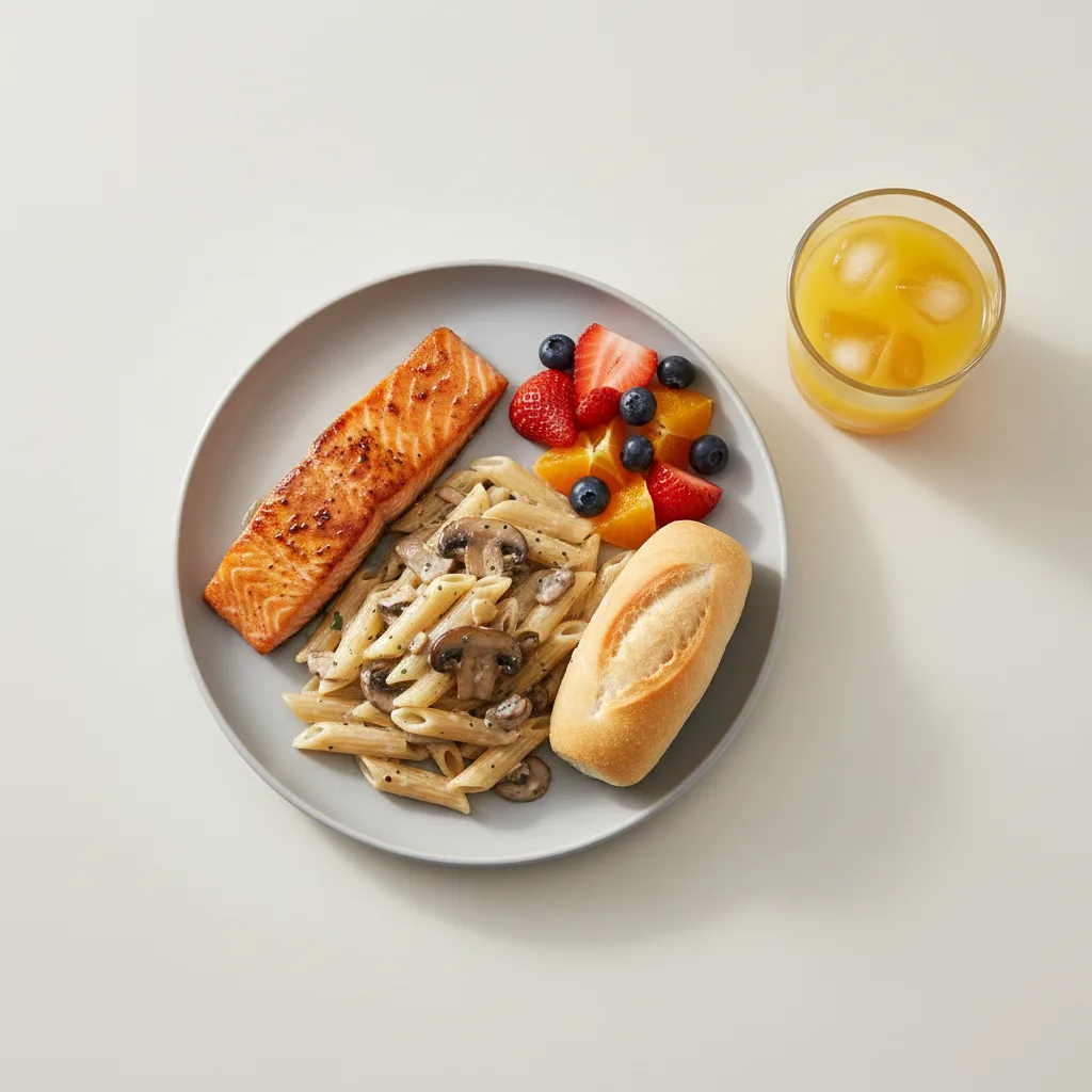 Asian Salmon, Penne with Mushroom, Fruit, Orange Juice Asian Salmon, Penne with Mushroom, Fruit, Orange Juice