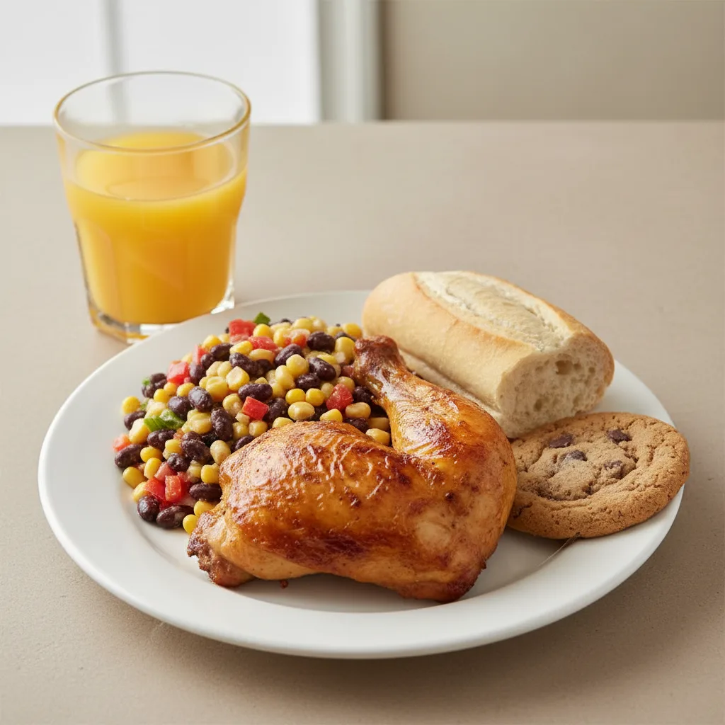 Spit-roasted Chicken, Corn and Bean Salad, Cookie, Orange Juice Spit-roasted Chicken, Corn and Bean Salad, Cookie, Orange Juice