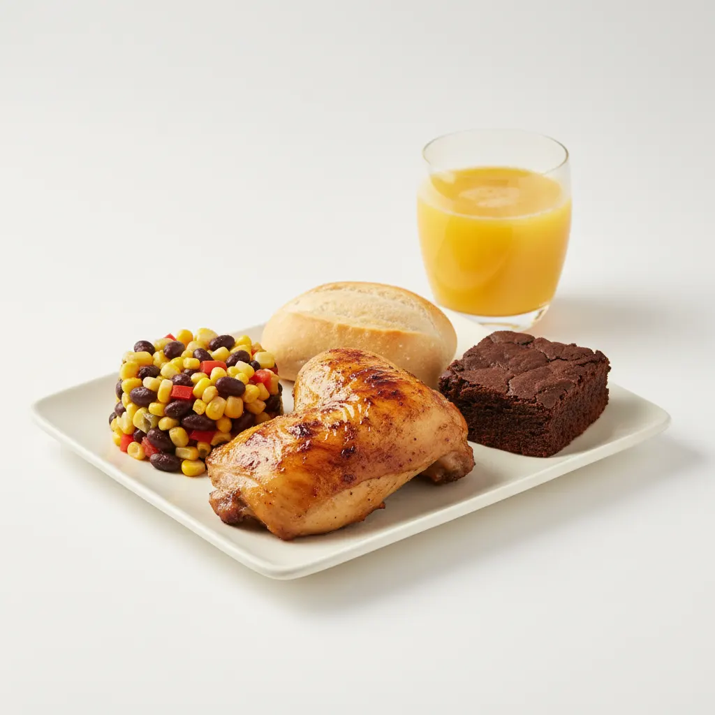 Spit-roasted Chicken, Corn and Bean Salad, Brownie, Orange Juice Spit-roasted Chicken, Corn and Bean Salad, Brownie, Orange Juice