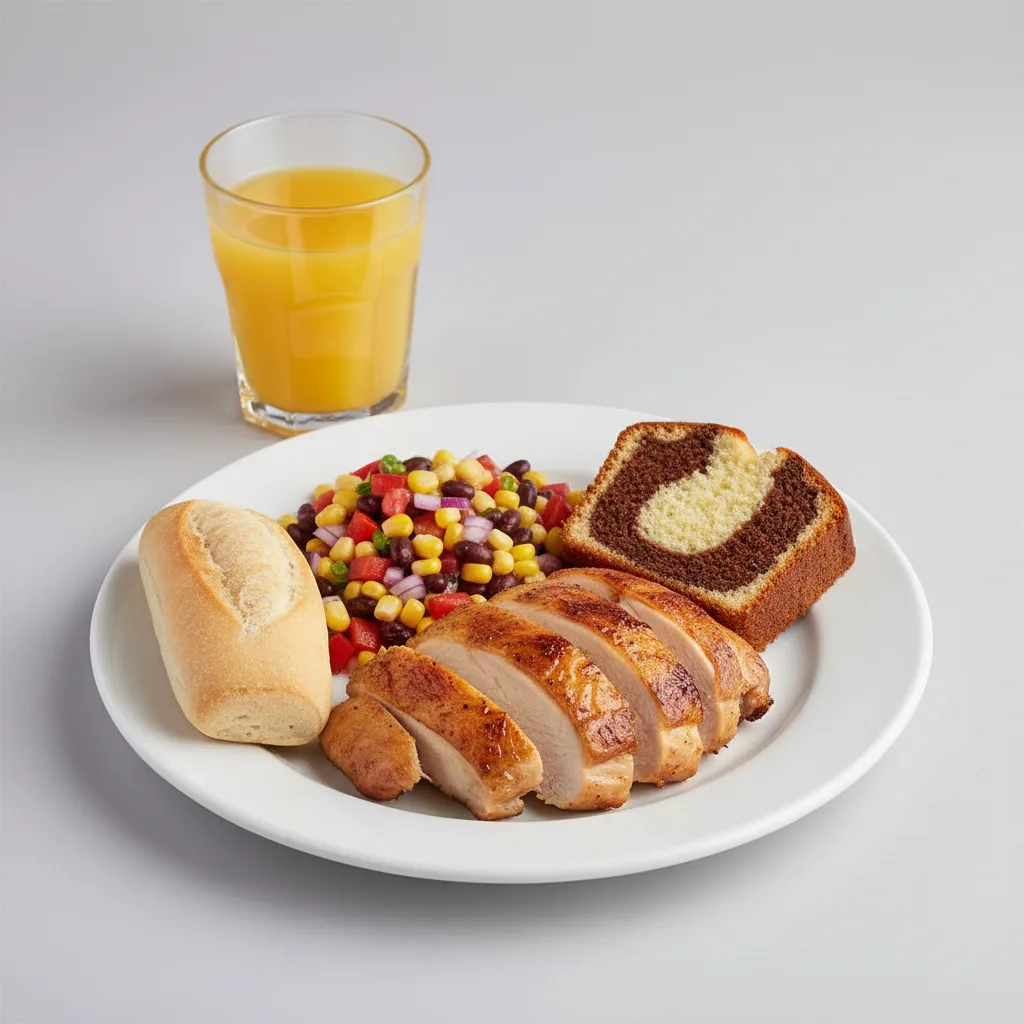Spit-roasted Chicken, Corn and Bean Salad, Poundcake, Orange Juice Spit-roasted Chicken, Corn and Bean Salad, Poundcake, Orange Juice