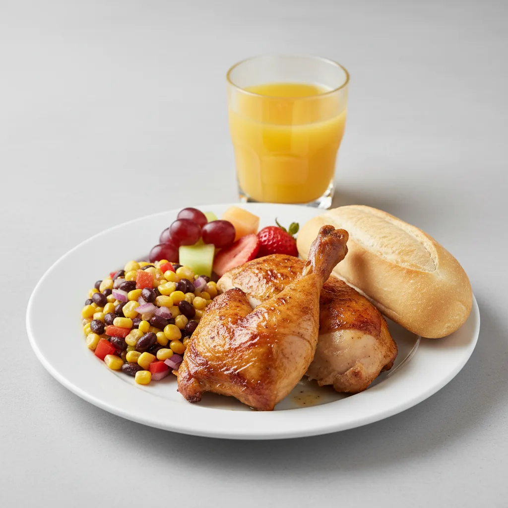 Spit-roasted Chicken, Corn and Bean Salad, Fruit, Orange Juice Spit-roasted Chicken, Corn and Bean Salad, Fruit, Orange Juice