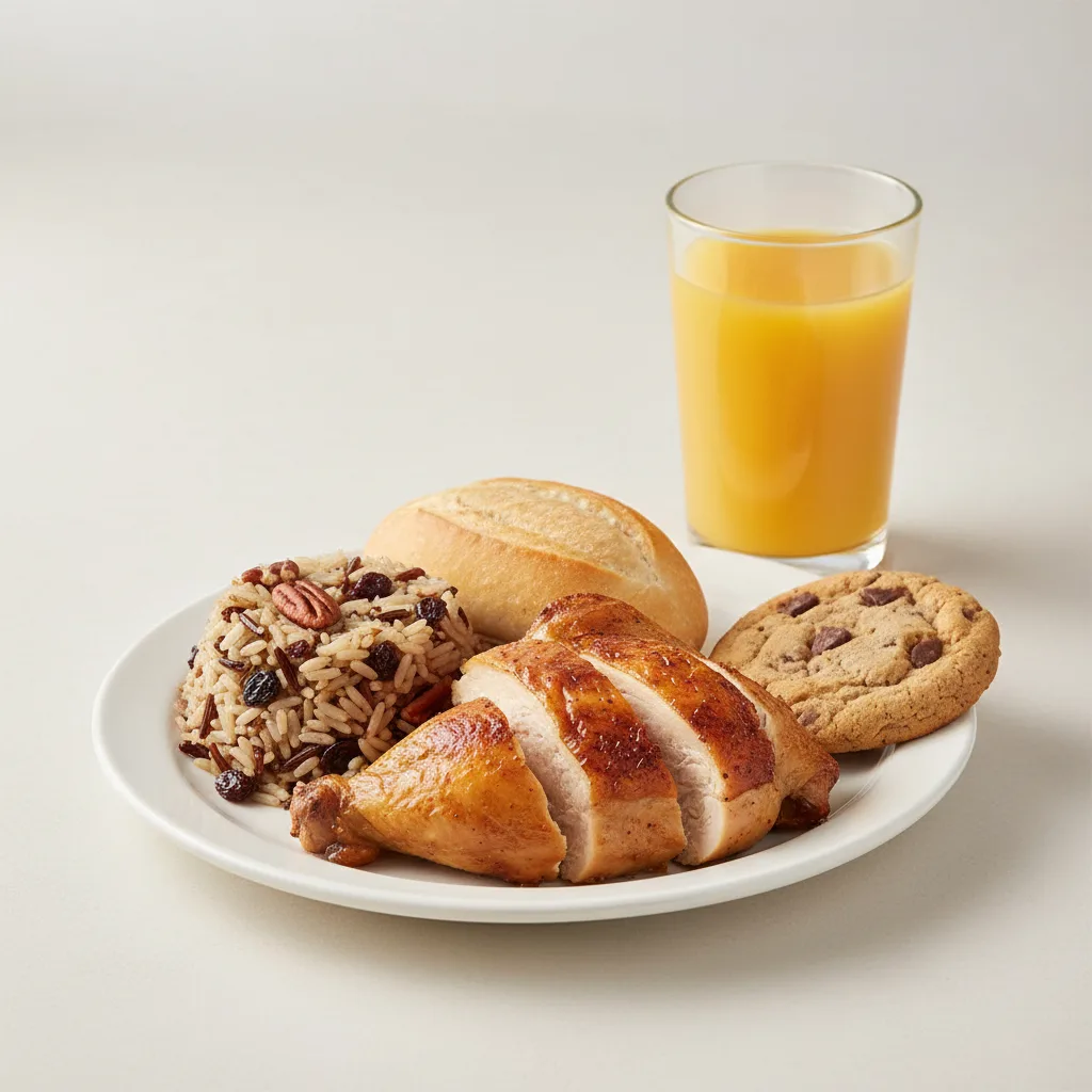 Spit-roasted Chicken, Wild Rice with Pecans, Cookie, Orange Juice Spit-roasted Chicken, Wild Rice with Pecans, Cookie, Orange Juice