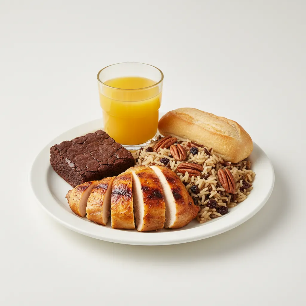Spit-roasted Chicken, Wild Rice with Pecans, Brownie, Orange Juice Spit-roasted Chicken, Wild Rice with Pecans, Brownie, Orange Juice