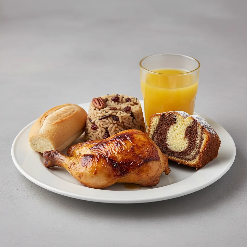 Spit-roasted Chicken, Wild Rice with Pecans, Poundcake, Orange Juice Spit-roasted Chicken, Wild Rice with Pecans, Poundcake, Orange Juice