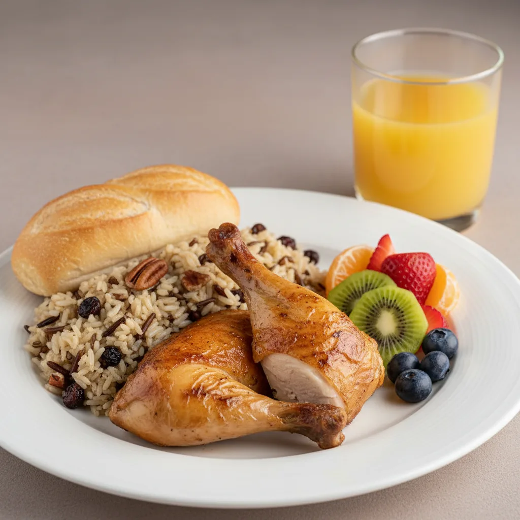 Spit-roasted Chicken, Wild Rice with Pecans, Fruit, Orange Juice Spit-roasted Chicken, Wild Rice with Pecans, Fruit, Orange Juice