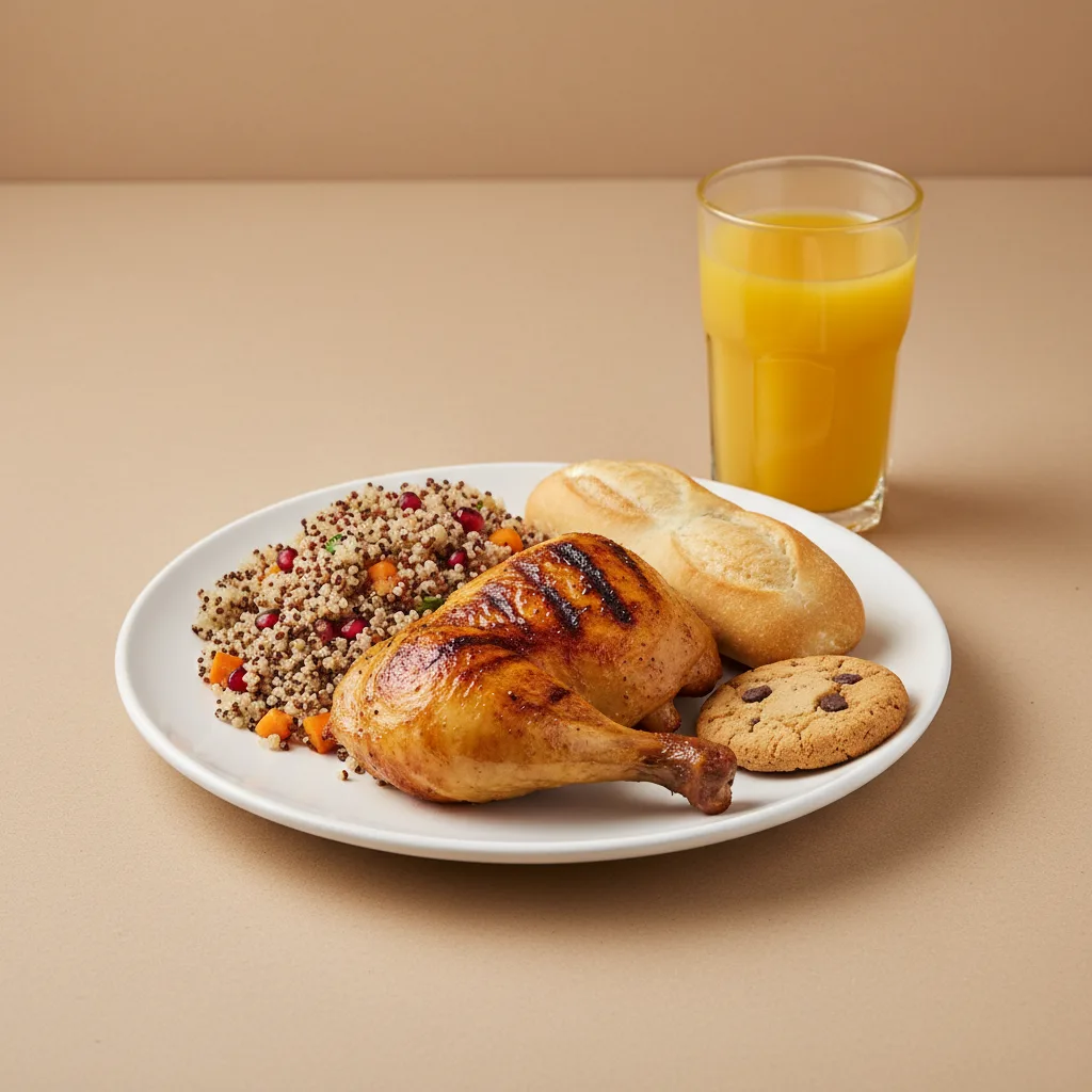 Spit-roasted Chicken, Quinoa, Cookie, Orange Juice Spit-roasted Chicken, Quinoa, Cookie, Orange Juice