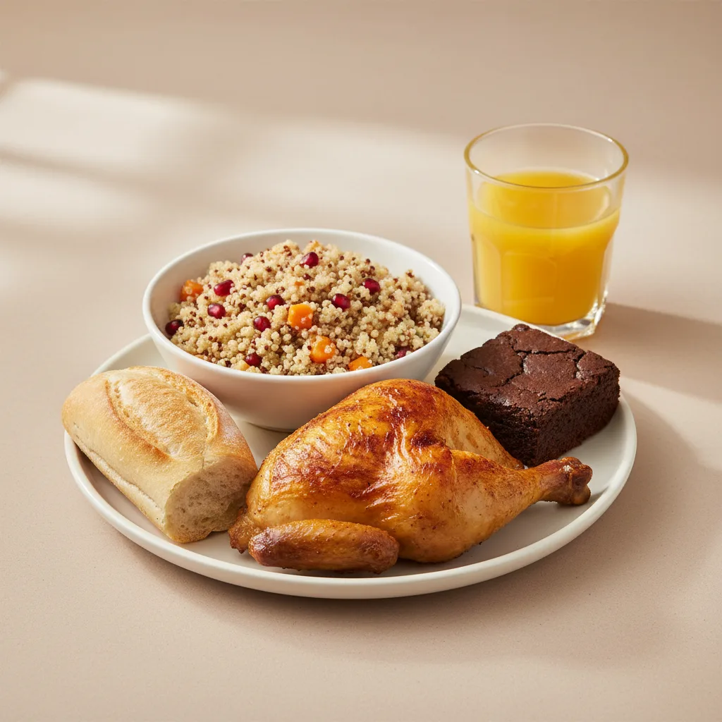Spit-roasted Chicken, Quinoa, Brownie, Orange Juice Spit-roasted Chicken, Quinoa, Brownie, Orange Juice