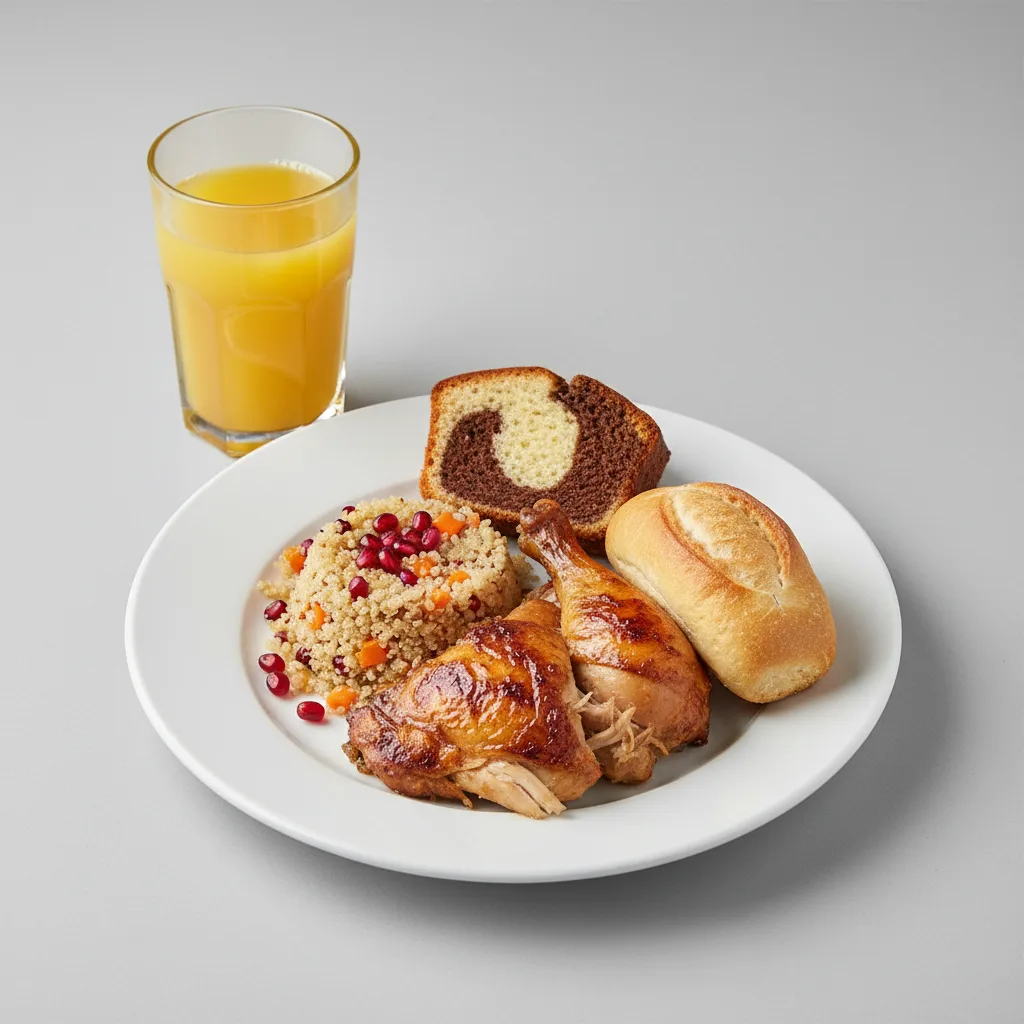 Spit-roasted Chicken, Quinoa, Poundcake, Orange Juice Spit-roasted Chicken, Quinoa, Poundcake, Orange Juice