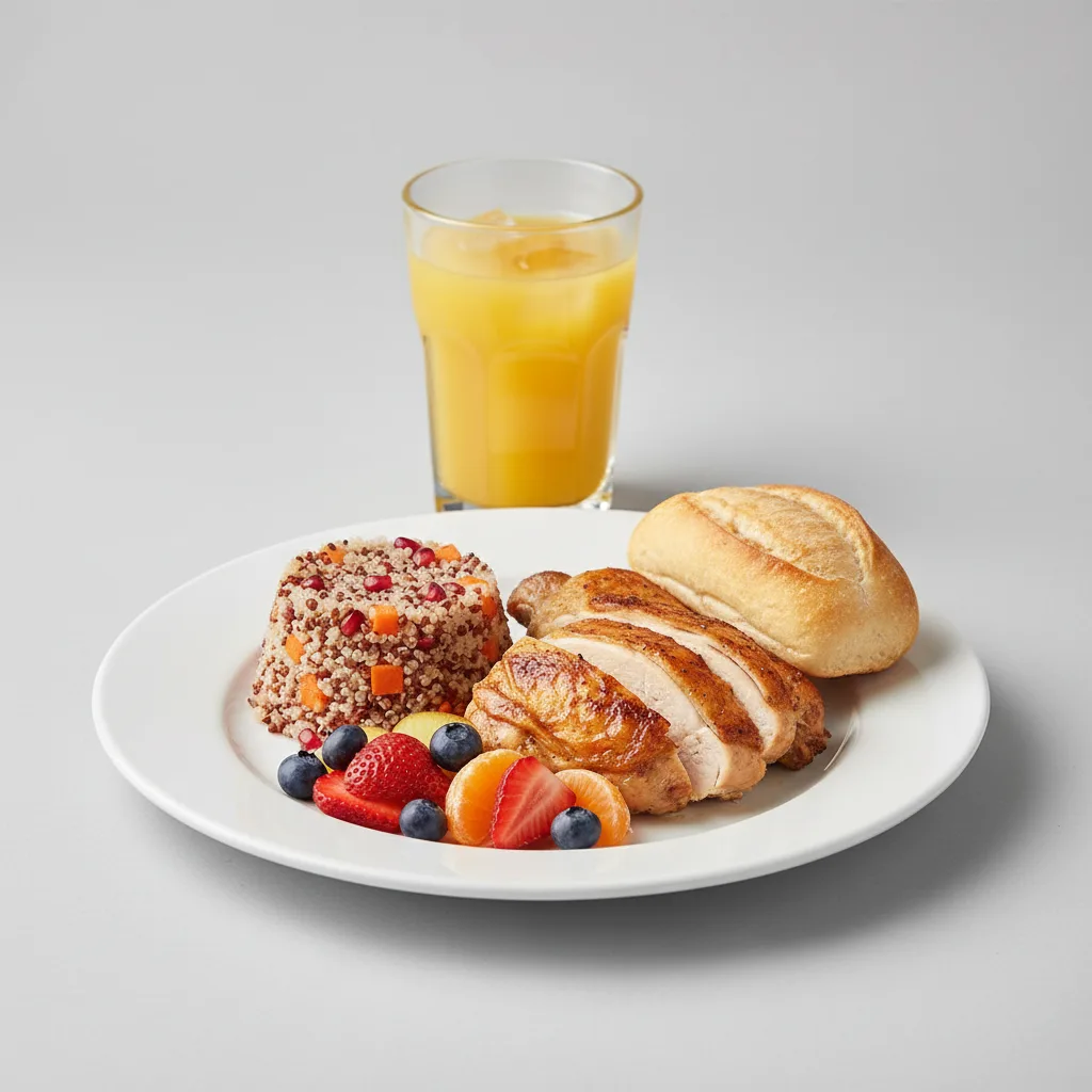 Spit-roasted Chicken, Quinoa, Fruit, Orange Juice Spit-roasted Chicken, Quinoa, Fruit, Orange Juice