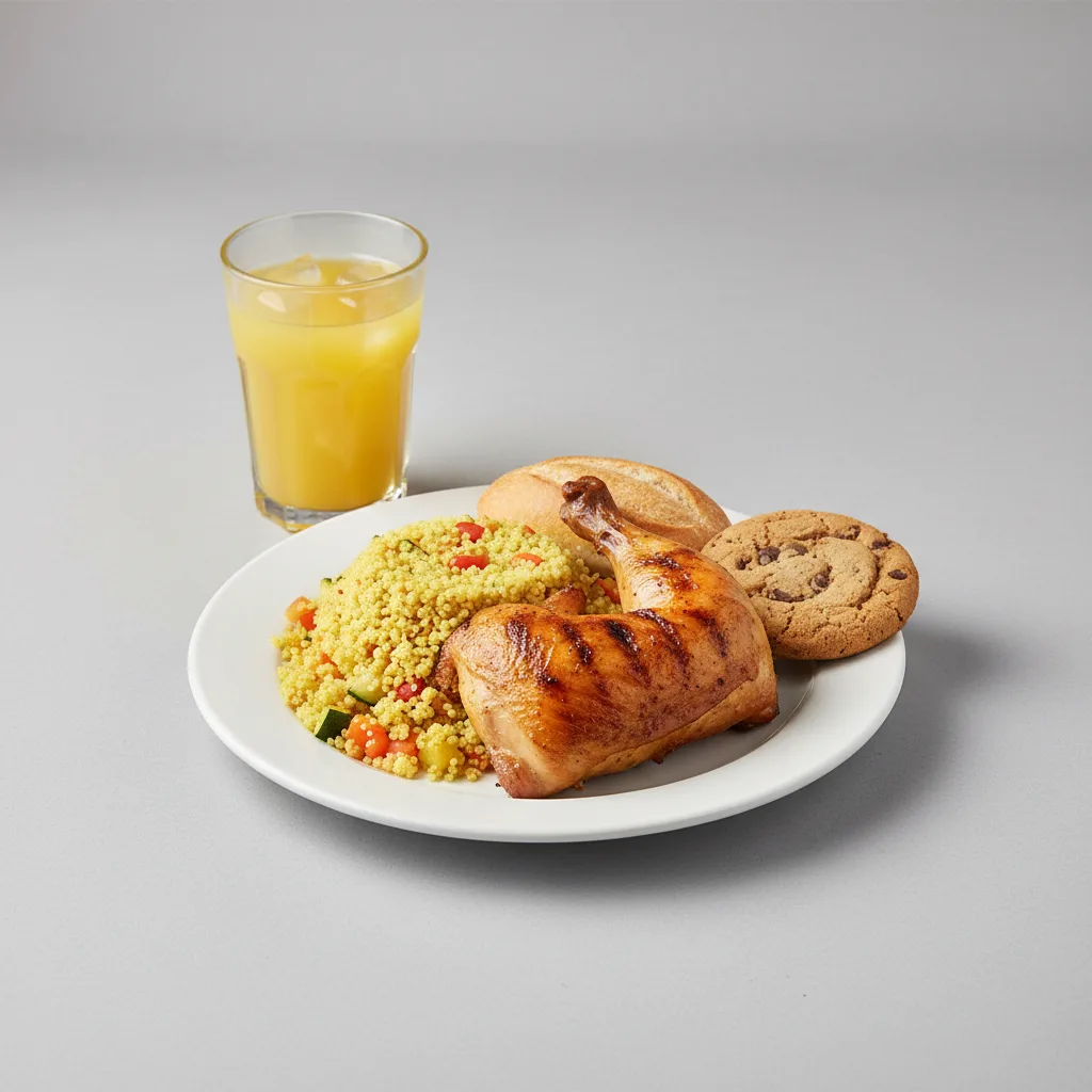 Spit-roasted Chicken, Curried Vegetable Couscous, Cookie, Orange Juice Spit-roasted Chicken, Curried Vegetable Couscous, Cookie, Orange Juice