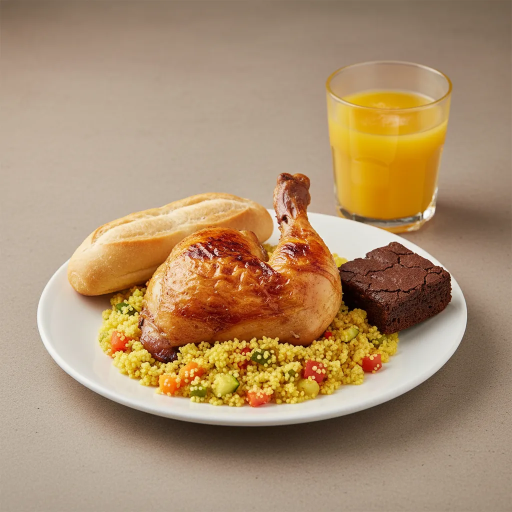 Spit-roasted Chicken, Curried Vegetable Couscous, Brownie, Orange Juice Spit-roasted Chicken, Curried Vegetable Couscous, Brownie, Orange Juice